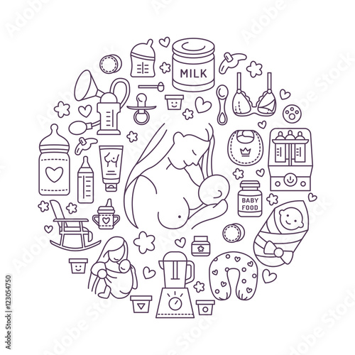 Breastfeeding poster template. Vector line illustration of breast feeding, baby food. Nursery element: breast pump, breastfeeding, powdered milk, bottle sterilizer, baby. Maternity banner design