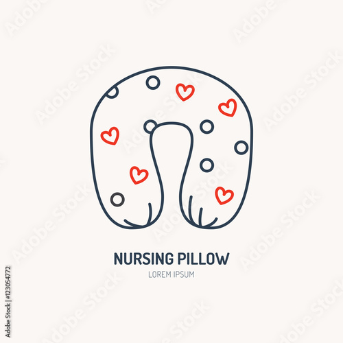 Modern vector line icon of nursing pillow. Linear illustration of comfortable sleep in travel. Outline cute pillow symbol. Soft cushion, cozy pillow. Healthy breastfeeding pad.