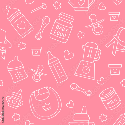 Seamless pattern baby food, pastel color, vector illustration. Infant feeding thin line icons. Cute repeated pink texture, baby item for packaging, baby shower card, fabric. Birthday invitation design