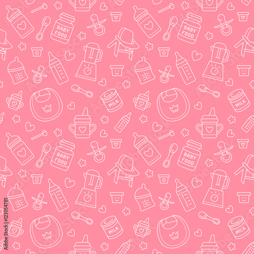 Seamless pattern baby food, pastel color, vector illustration. Infant feeding thin line icons. Cute repeated pink texture, baby item for packaging, baby shower card, fabric. Birthday invitation design