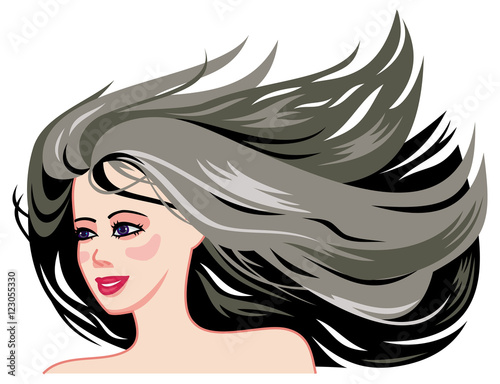 Smiling girl face with long black hair.