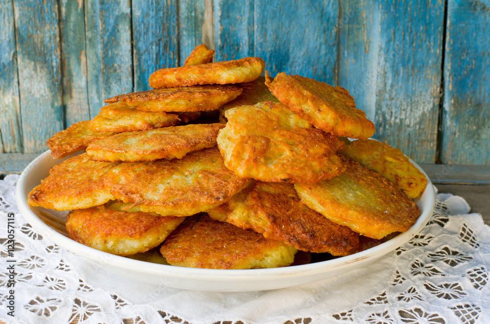 Large plate of potato pancakes on a napkin Large plate of potato pancakes on a napkin