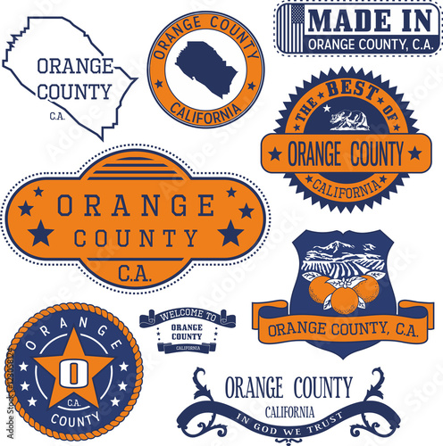 Orange county, CA. Set of stamps and signs