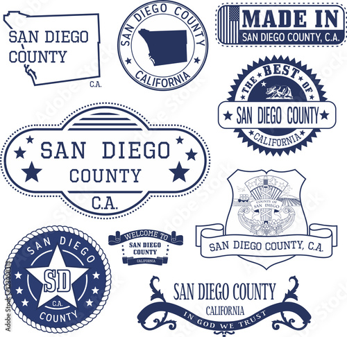 San Diego county, CA. Set of stamps and signs
