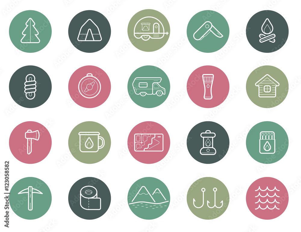 Set of Vector Camping Camp Elements and Outdoor Activity Icons I Set of Vector Camping Camp Elements and Outdoor Activity Icons I