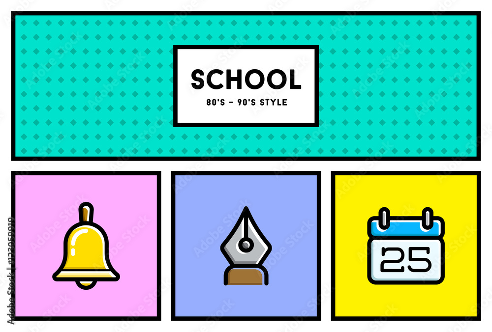 Vector 80's or 90's Stylish School Education Icon Set with Retro