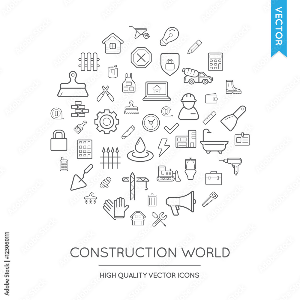 Vector Set of Construction Modern Flat Thin Icons Inscribed in R