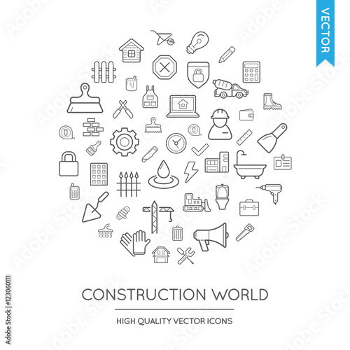 Vector Set of Construction Modern Flat Thin Icons Inscribed in R