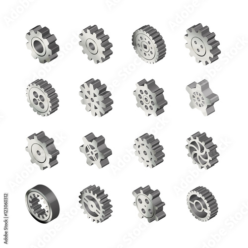 Set of realistic glossy metal gears in isometric view on white