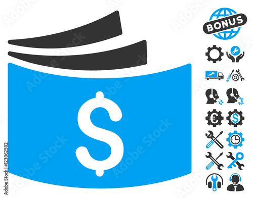 Checkbook icon with bonus tools pictograph collection. Vector illustration style is flat iconic bicolor symbols, blue and gray colors, white background.