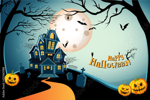 Haunted house halloween background with tree, bat, tomb, tombstone, spider, web, and cobweb at grave, graveyard. Happy halloween theme. Happy halloween greeting card. Vector illustration eps10