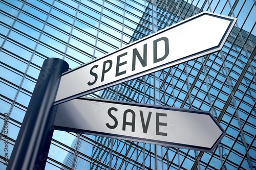 Tablou pe pânză Signpost illustration, two arrows - spend or save