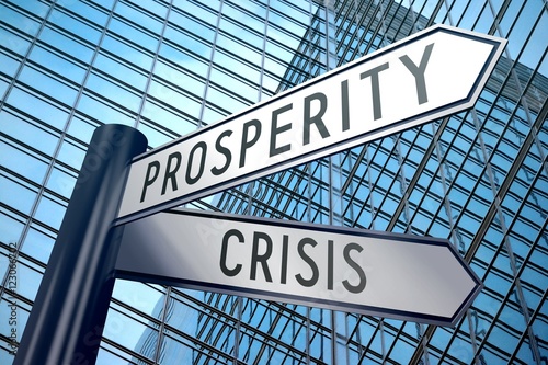 Foto Signpost illustration, two arrows - crisis and prosperity
