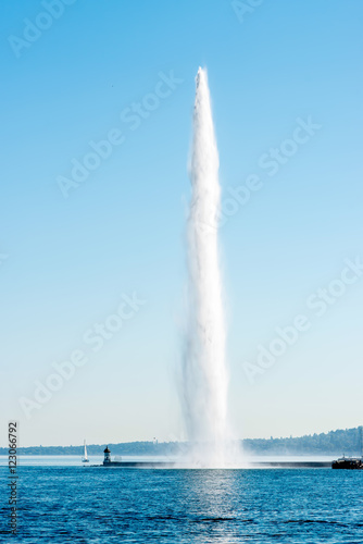 Famous fountain jet dEau in Geneva lake near Geneva city in Switzerland