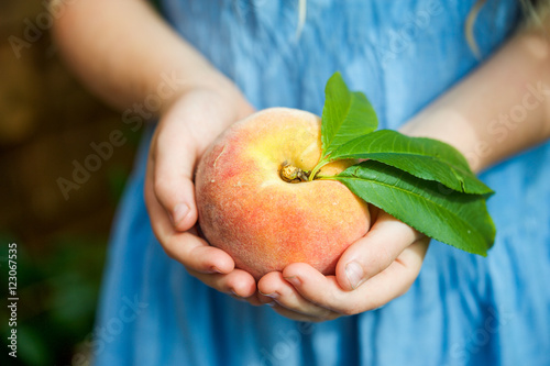 Close up of a young girl in a blue dress holding a ripe peach