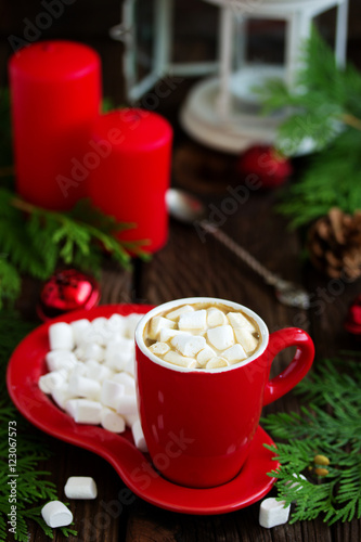 Marshmallow and cup of cocoa on the New Year's holiday.