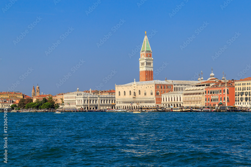 View from the water on the Doge's Palace and St. Mark's Square in the Italian city of Venice