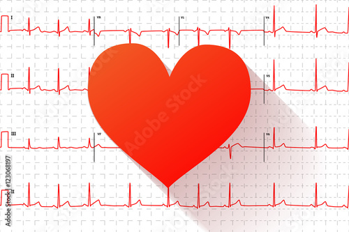 Red heart flat icon on typical human electrocardiogram graph with marks