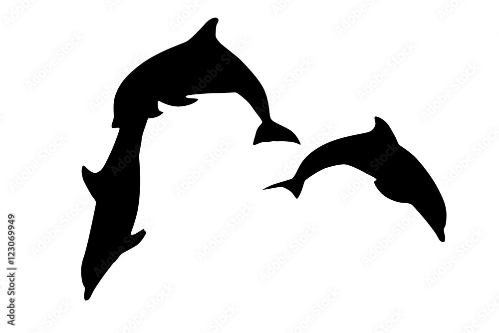 Fototapeta premium Silhouette of three dolphins jumping together. Isolated on white background.