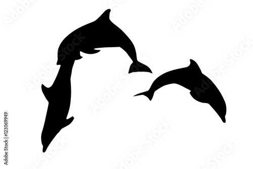 Silhouette of three dolphins jumping together. Isolated on white background.