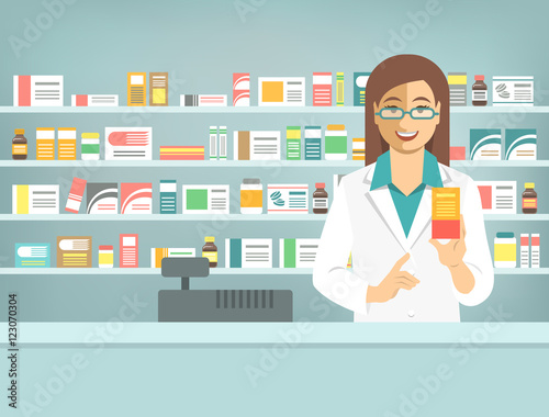 Pharmacist at counter in pharmacy. Woman druggist stands opposite shelves with medicines and points to box with drug. Flat vector illustration. Health care medical background. Drugstore cartoon banner