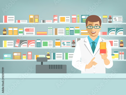 Pharmacist at counter in pharmacy. Man druggist stands opposite shelves with medicines and points to box with drug. Flat vector illustration. Health care medical background. Drugstore cartoon banner