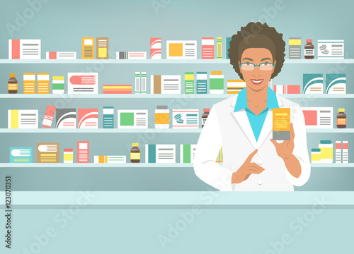 Pharmacist at counter in pharmacy. Black woman druggist stands opposite shelves with medicines and points to drug. Flat vector illustration. Health care medical background. Drugstore cartoon banner