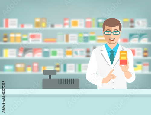 Pharmacist at counter in pharmacy. Man druggist stands opposite shelves with medicines and points to box with drug. Flat vector illustration. Health care medical background. Drugstore cartoon banner