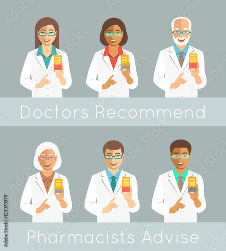 Pharmacists holding a box with medicine in hand and points finger at it. Different medical specialists promote drug. Caucasian and black men and women, young and senior. Doctors advice recommendation
