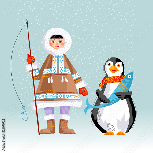 Eskimo Child holding a rod and a penguin with a fish. Christmas card.
