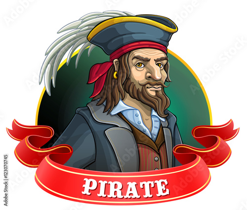 Old pirate hat with a feather. Emblem with a red ribbon. Vector illustration.