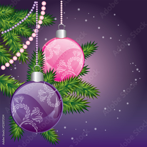 Christmas balls on a tree branch. Vector illustration for a card, poster or print.