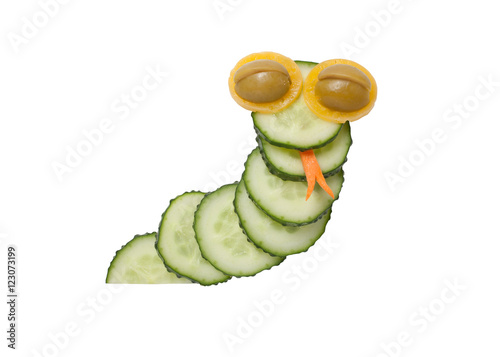 Funny snake made of cucumber on isolated background