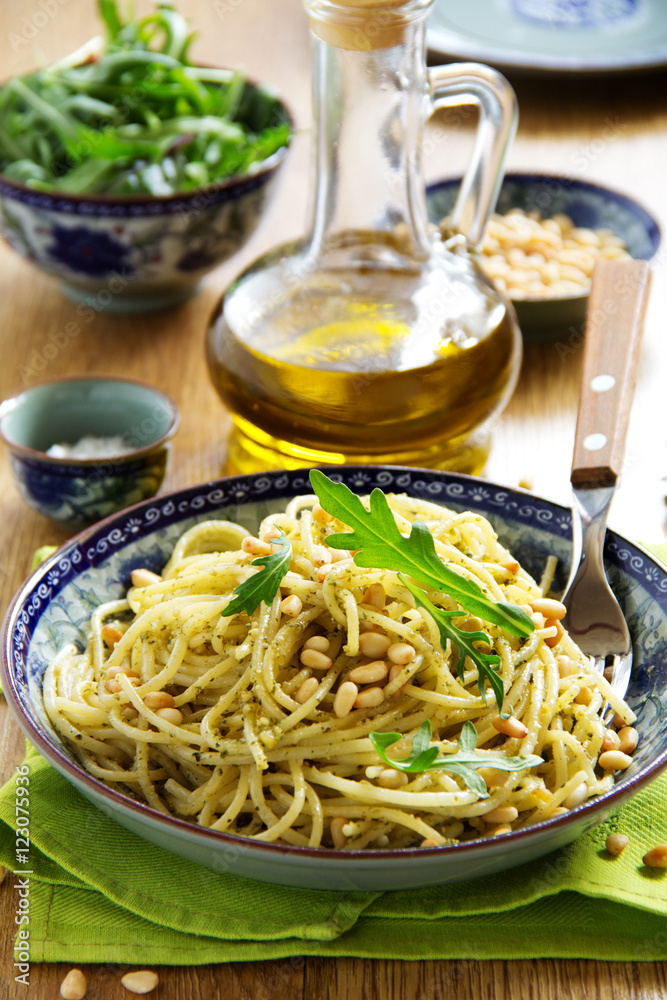 Spaghetti with pesto of arugula with pine nuts Spaghetti with pesto of arugula with pine nuts