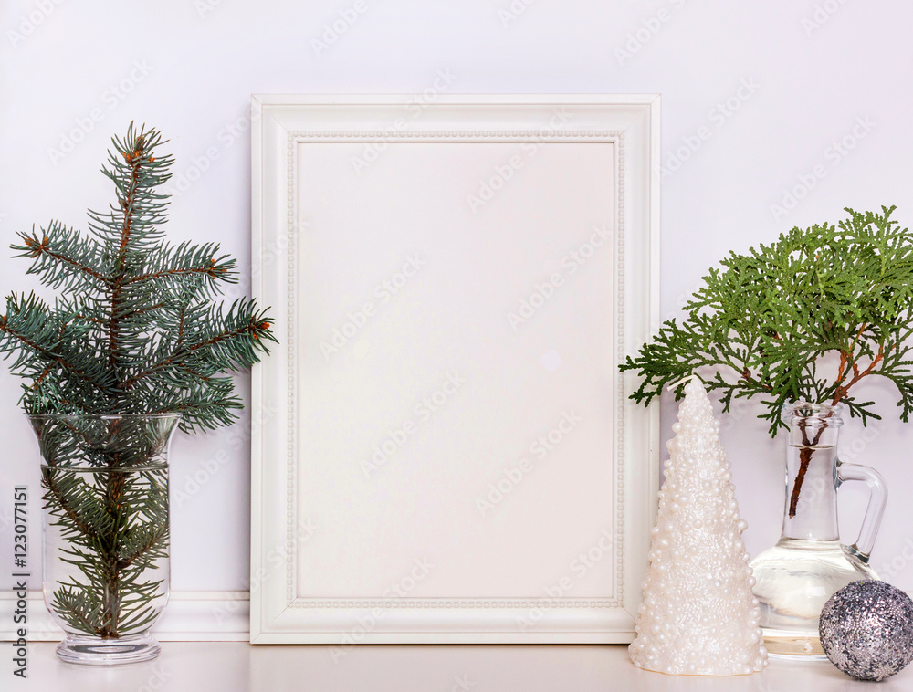 Picture frame Christmas mockup, stock photography.