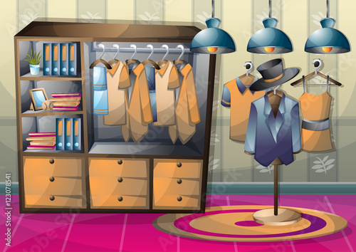 cartoon vector illustration interior clothing room with separated layers in 2d graphic