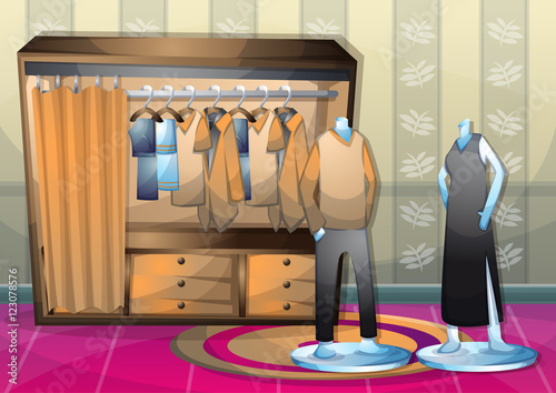 cartoon vector illustration interior clothing room with separated layers in 2d graphic