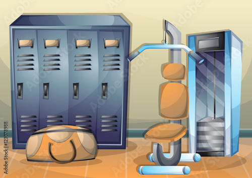 cartoon vector illustration interior fitness room with separated layers in 2d graphic