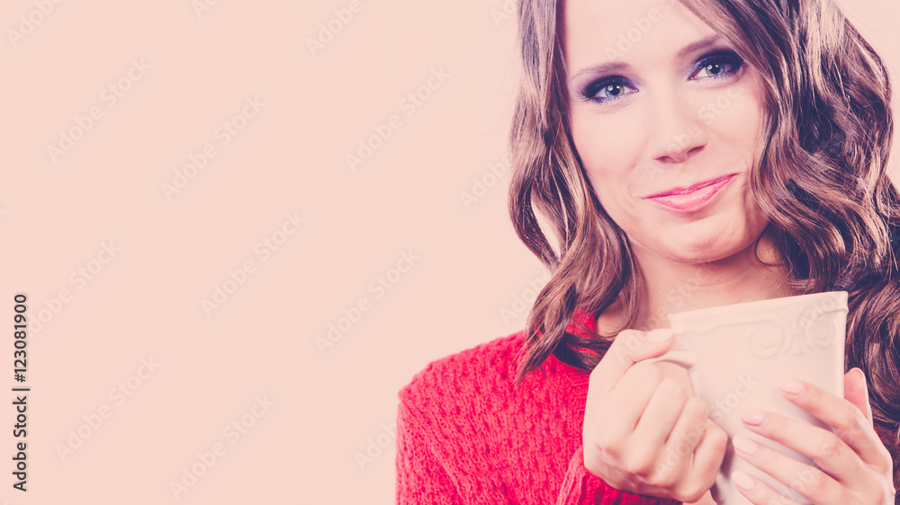 Autumn woman holds mug with coffee warm beverage Autumn woman holds mug with coffee warm beverage