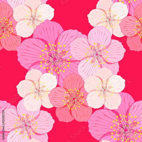 seamless pattern Sakura is couple flower on a red background.