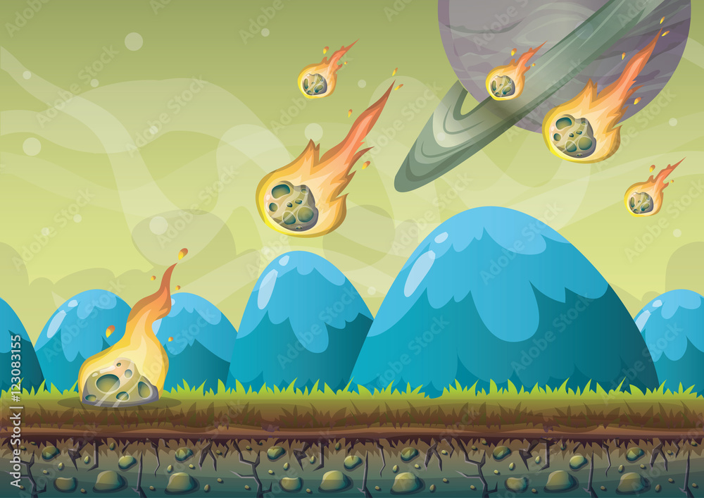 cartoon vector landscape with meteor background with separated layers for game art and animation game design asset in 2d graphic cartoon vector landscape with meteor background with separated layers for game art and animation game design asset in 2d graphic