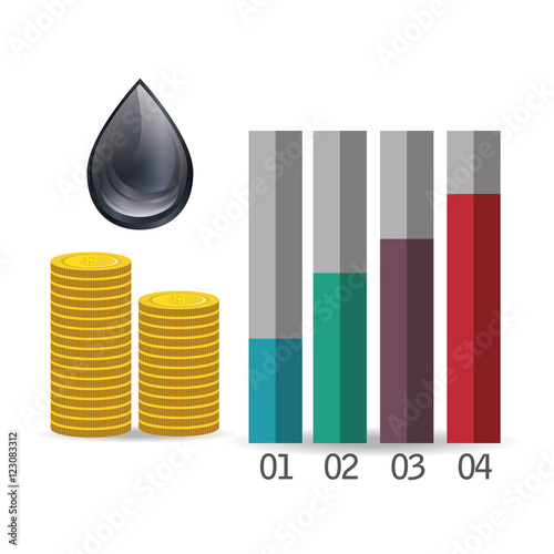 black drop and graphic chart with money coins. petroleum and oil price design vector illustration