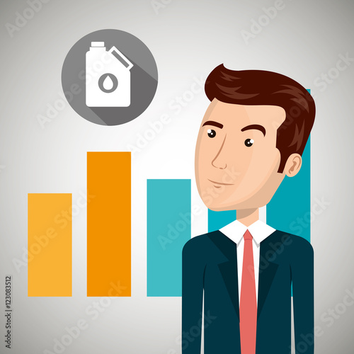avatar man wearing suit and tie and graphic chart with oil gallon over gray circle. petroleum and oil design. vector illustration