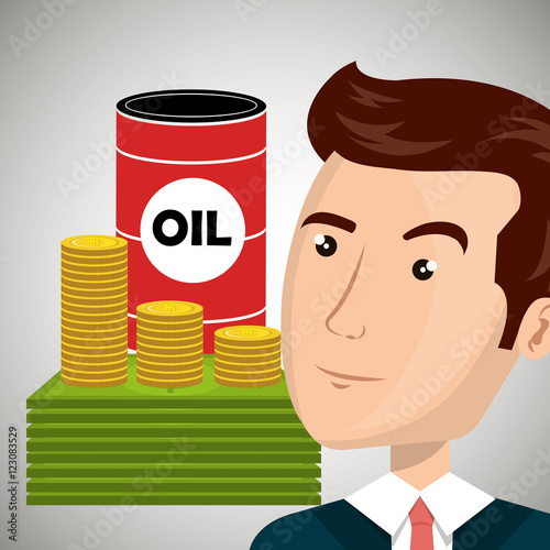 oil can with money coins and bills and avatar businessman. petroleum industry price design. vector illustration
