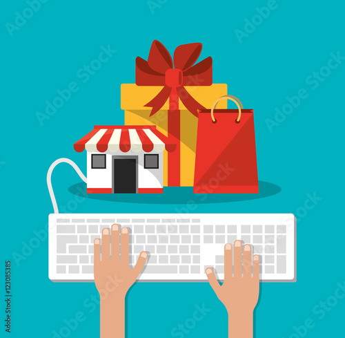 Bag gift store and keyboard icon. Shopping online ecommerce and media theme. Colorful design. Vector illustration