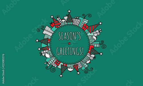 Season's Greetings Christmas doodle vector illustration with the words season's greetings in a circle surrounded by christmas trees, presents, puddings, and stars on a green background