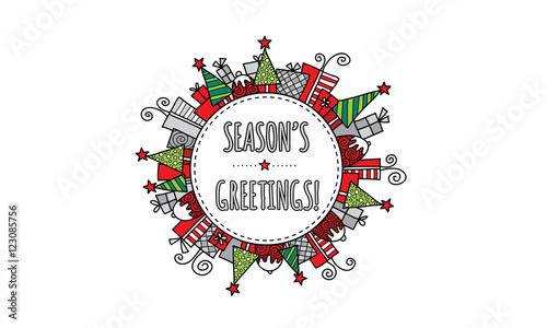 Season's Greetings Christmas doodle vector illustration with the words season's greetings in a circle surrounded by christmas trees, presents, puddings, and stars.