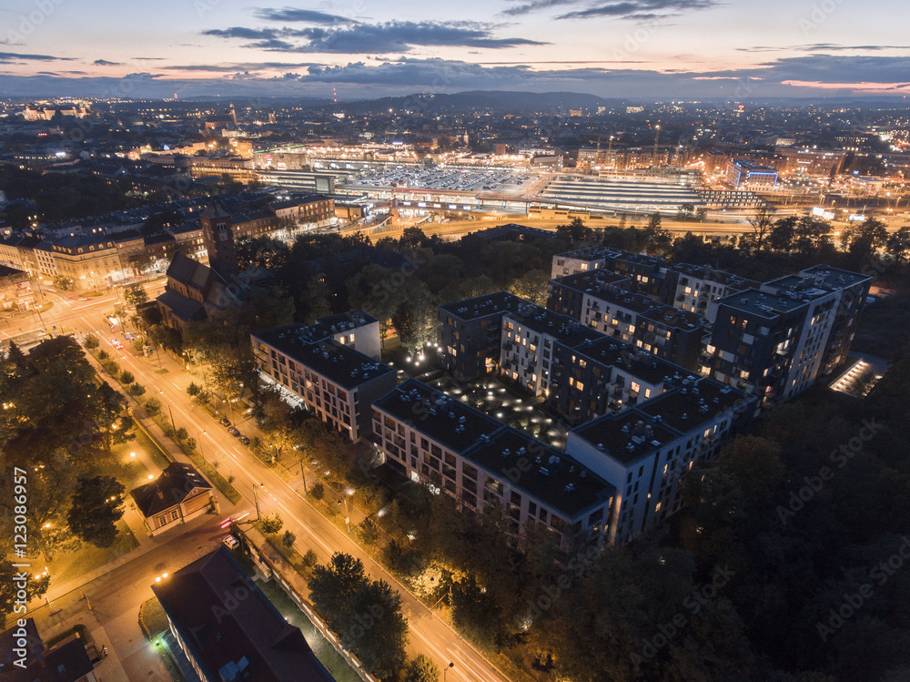 Aerial view of the city center in Krakow at night