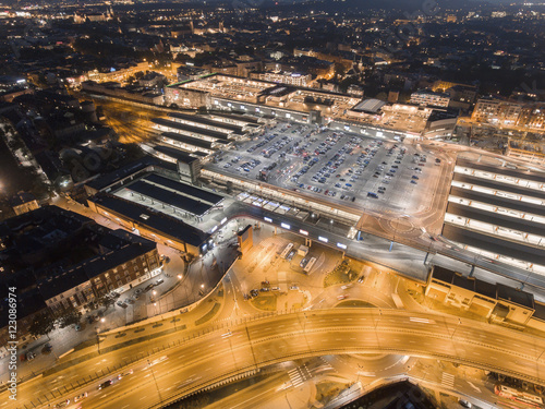 Aerial view in Krakow, Poland. Railway station and autobus station. Big outdoor parking