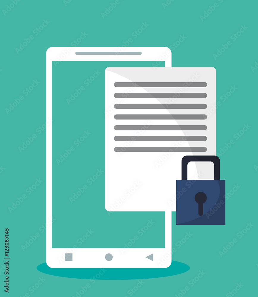 Smartphone padlock and document icon. Security system warning and protection theme. Colorful design. Vector illustration Smartphone padlock and document icon. Security system warning and protection theme. Colorful design. Vector illustration